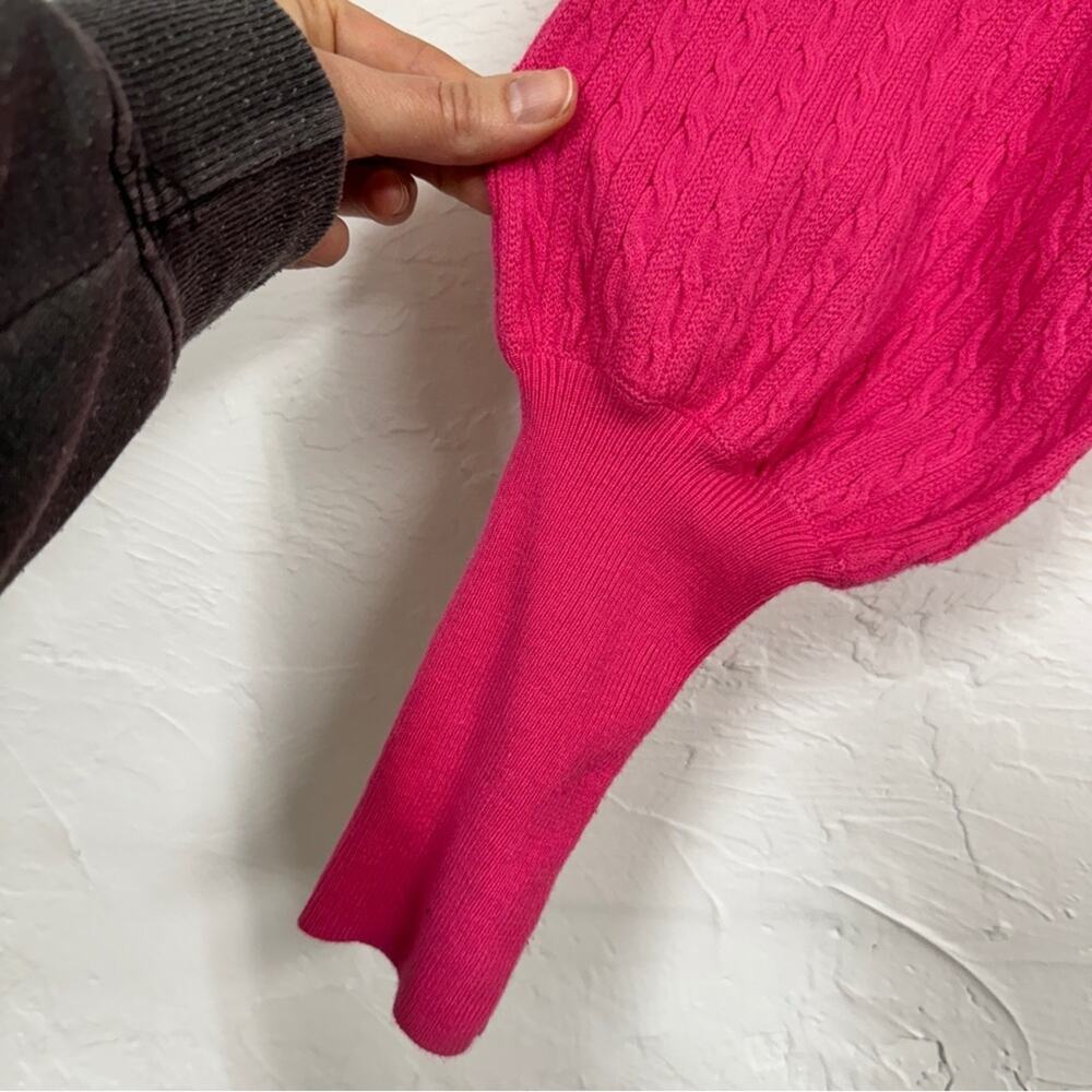 Adrianna Papell Hot Pink Cable Knit Sweater Womens M Bishop Sleeve Crew Neck - Picture 3 of 11